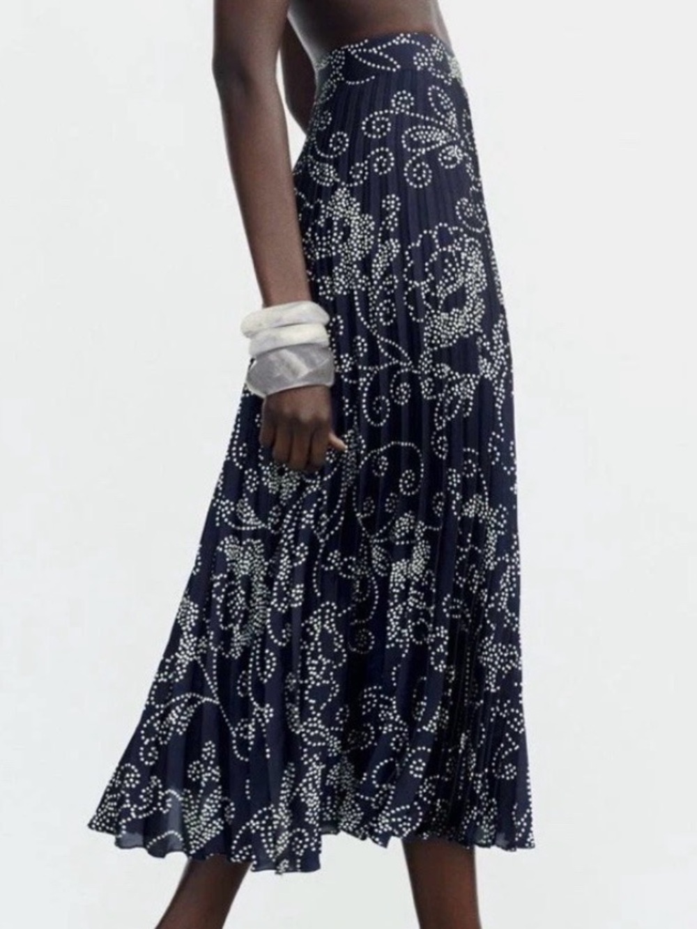 Zara Pleated Satin Dotted Floral Midi Skirt